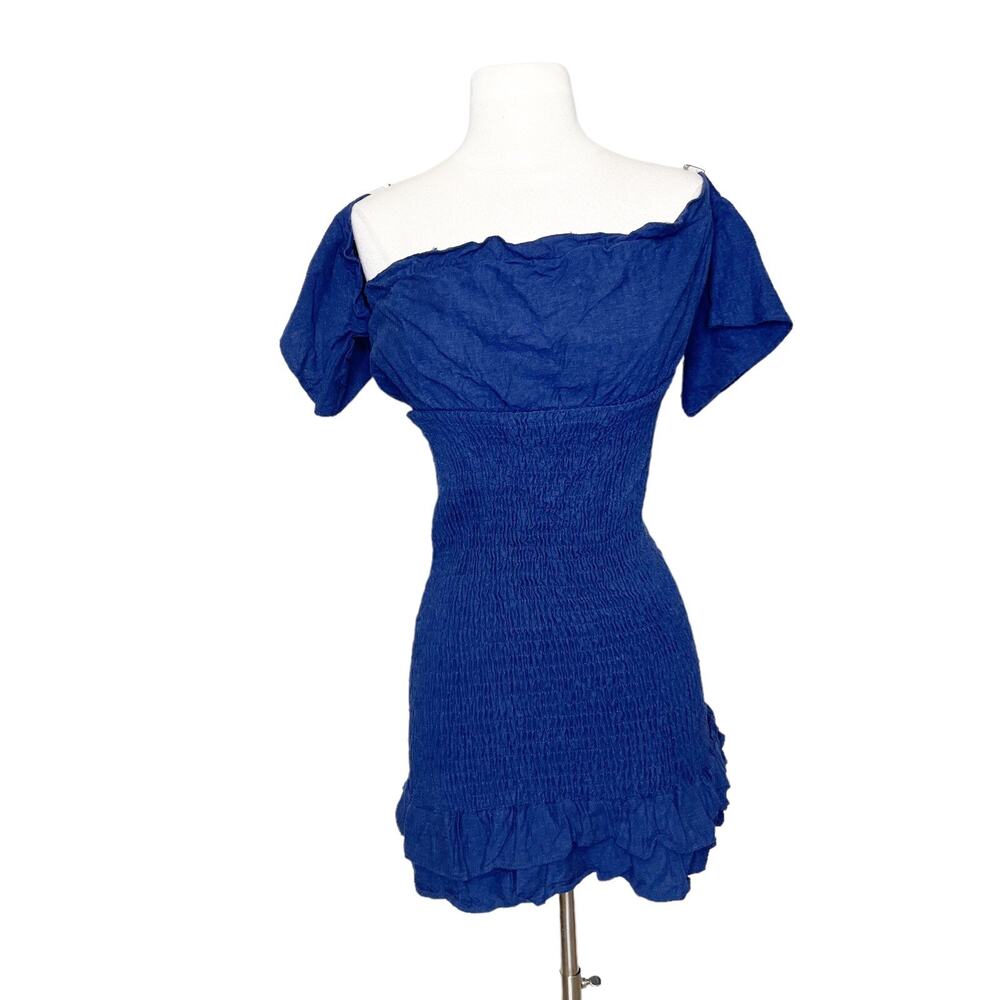 Dee Elly Size Large Navy Blue Smocked Mini Dress Fitted Bodycon Off Shoulder